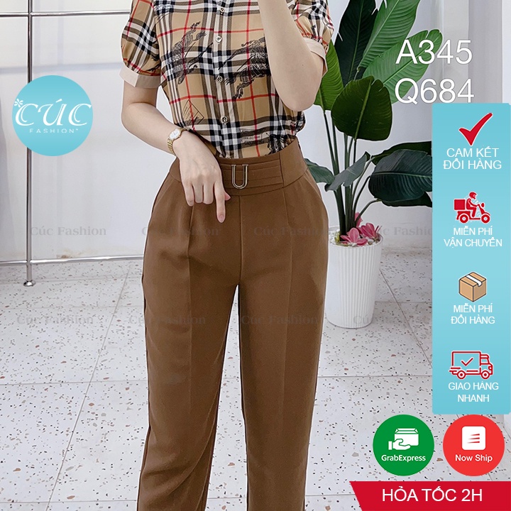 Quần baggy nữ CÚC FASHION begy lưng cạp cao vải tây from dài đẹp thời trang âu công sở màu đen đi học khuy chữ U Q684