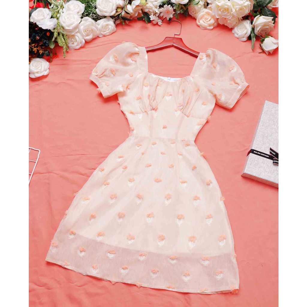 Đầm dự tiệc cổ vuông thiết kế xòe tay ngắn sang trọng thời trang cao cấp vải tơ gân sang chảnh – Thời trang Lux W