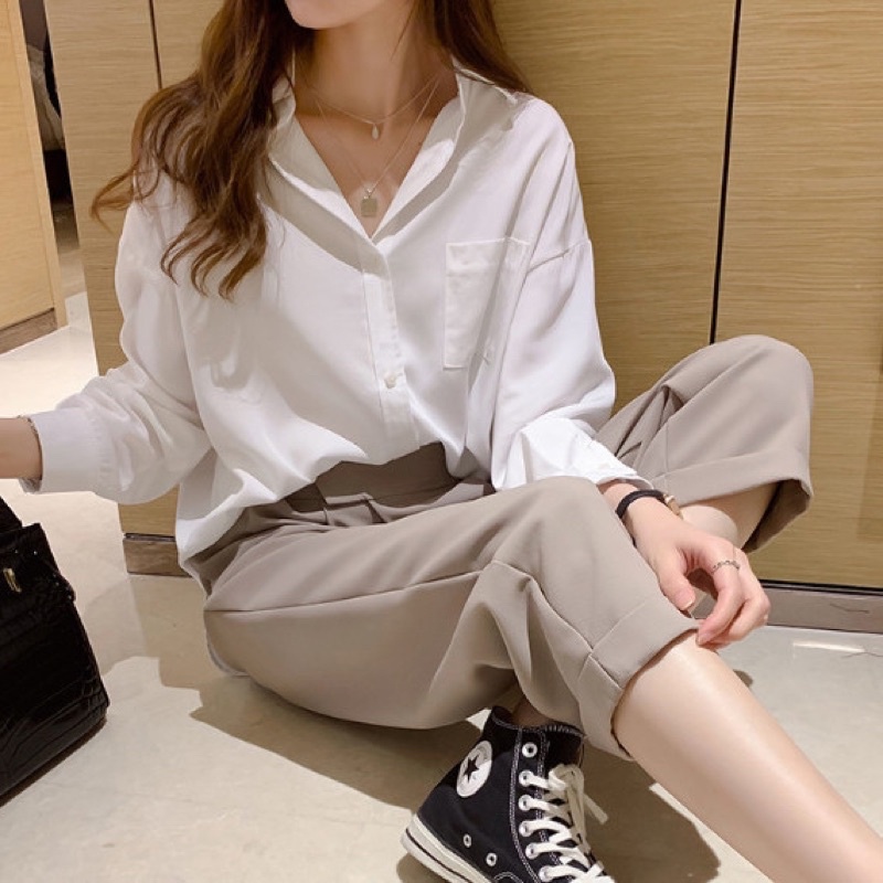 xiaozhaivn [Ảnh thật] Áo sơ mi trắng unisex, sơ mi dáng rộng đủ size nam nũ