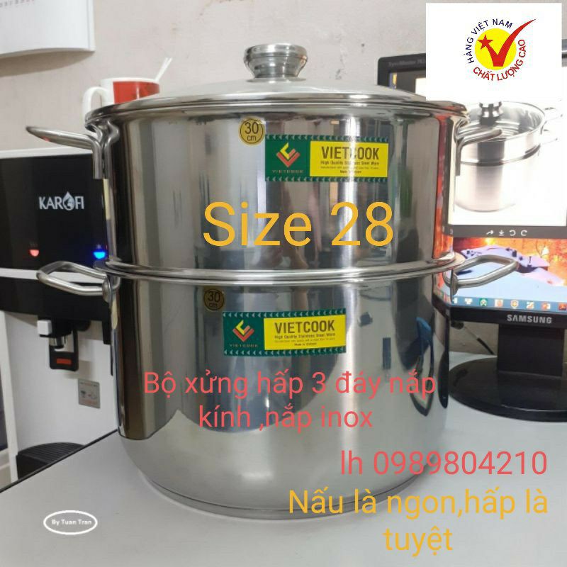 Bộ nồi xửng hấp inox ,xửng hấp inox 2 tầng 3 đáy nắp kính,nắp inox  VietCook đun bếp từ  size 28 kêt hợp chõ hấp xôi