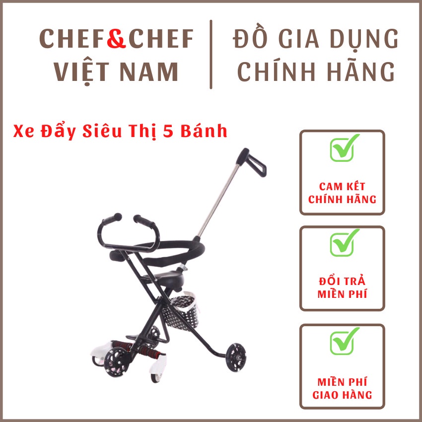 Xe đẩy siêu thị 5 bánh cho bé tay thiết kế cần vòm, bánh xe phát sáng, có giỏ đựng đồ