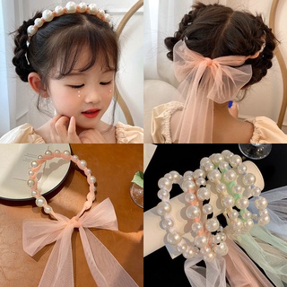Dây buộc tóc ruy băng dài đính hạt ngọc trai dễ thương cho bé gái