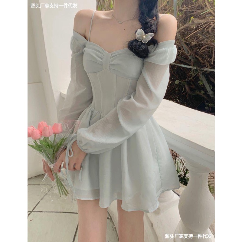 [hàng QC] Đầm trắng trễ vai phối nơ ngực chất xô thêu có lót toàn thân chân váy đuôi cá