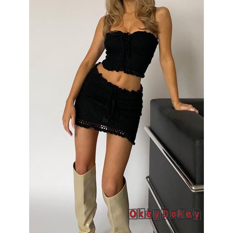 OKDK-Women Co-ords Sexy Sleeveless Backless Strapless Tops+Hollow-Out Ruffled Short Skirt