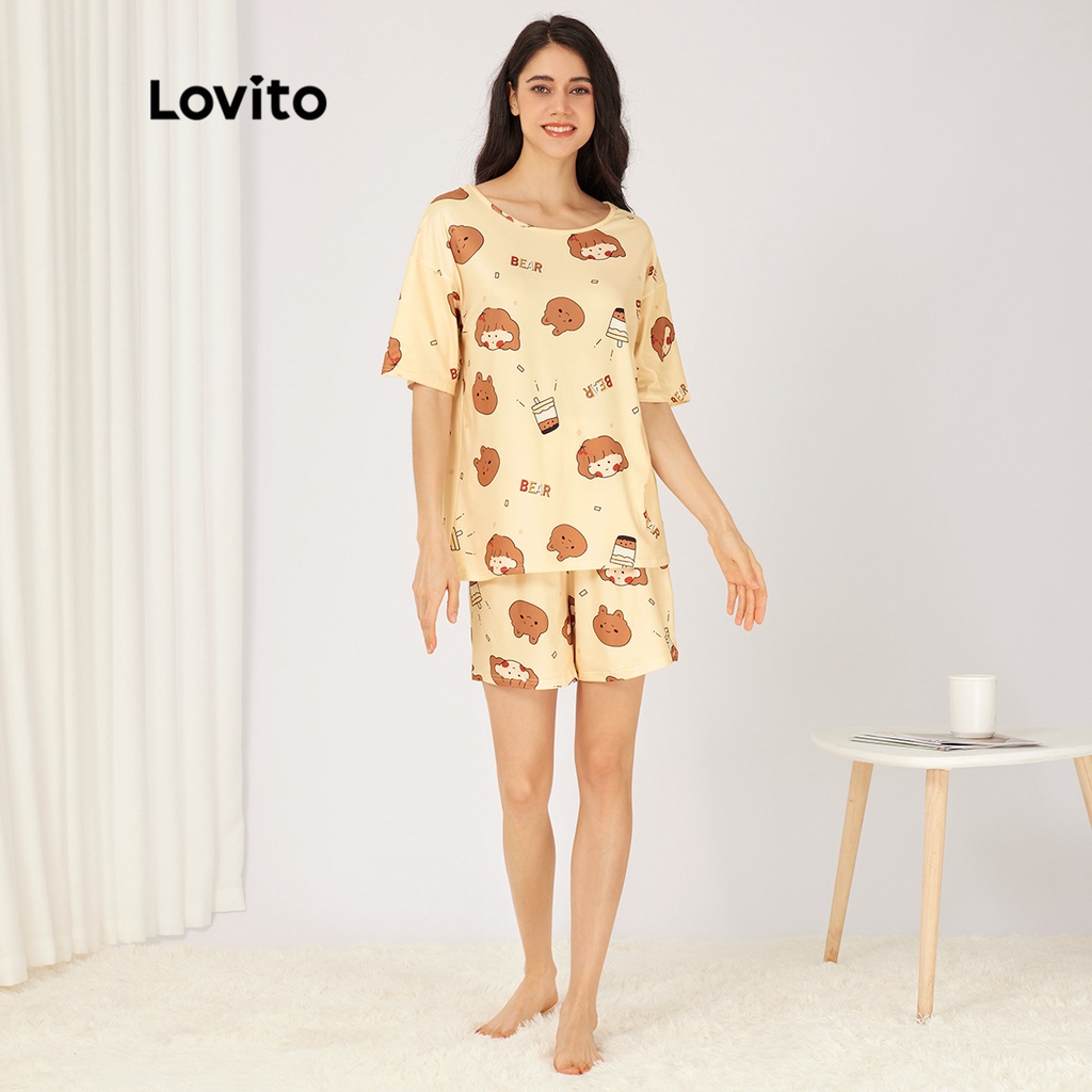Bộ đồ ngủ Lovito dáng rộng cổ tròn kiểu mặc chui đầu họa tiết hoạt hình xinh xắn cơ bản L23AD107 (màu vàng)