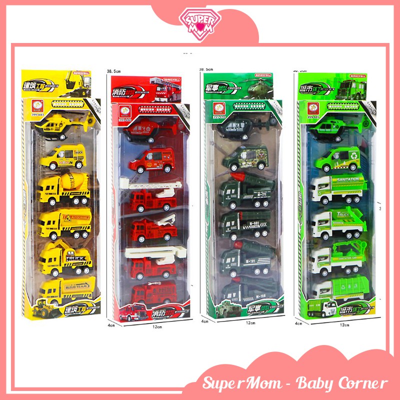 Bộ đồ chơi hộp set 6 món ô tô máy bay chạy cót xin xò cho bé - Supermom & Baby Corner