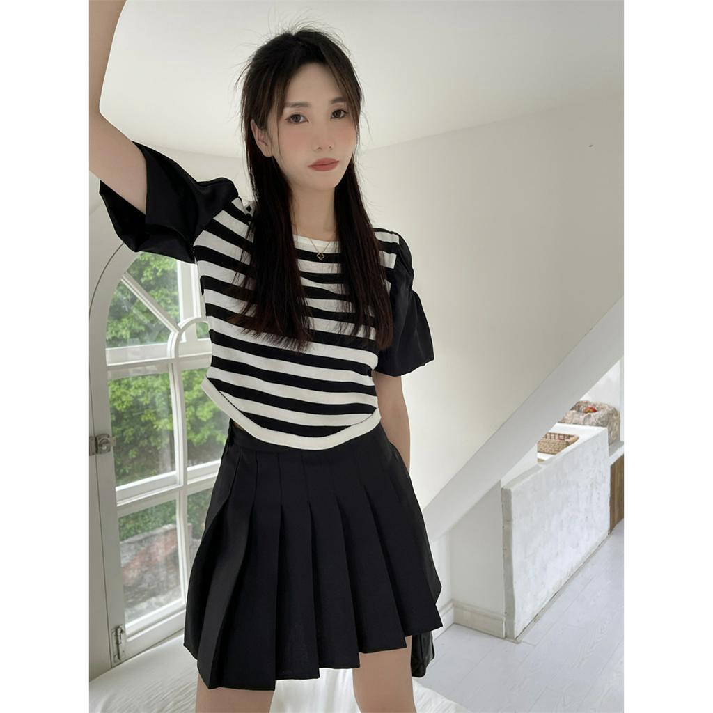 Áo Thun Tay Ngắn Phồng Cổ Tròn Họa Tiết Kẻ Sọc Thời Trang Mùa Hè Cho Nữ