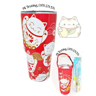 Ly giữ nhiệt mèo may mắn 900ml trùng túi đủ phụ kiện