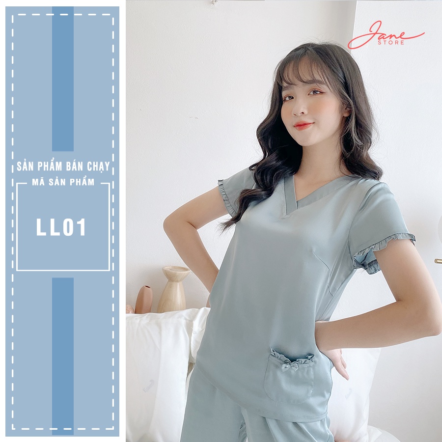 Set đồ ngủ nữ, đồ ngủ lụa cổ V, quần lửng màu xanh ngọc JANE mã LL01