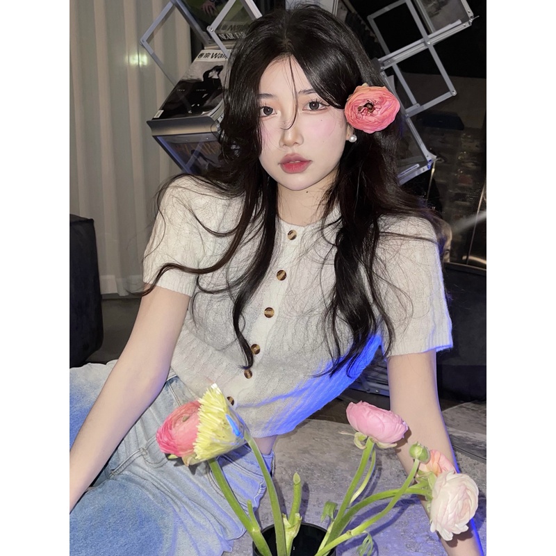 Porozi  Áo crop top  vải dệt kim mỏng tay ngắn dáng ôm phong cách Hàn Quốc dành cho nữ