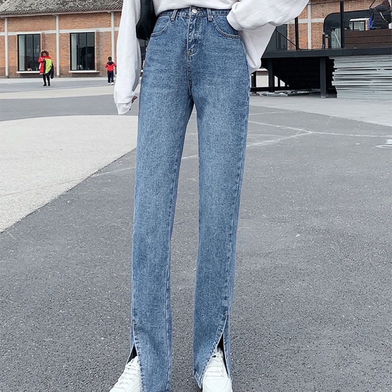 Quần Jeans Denim Lưng Cao Ống Rộng Xẻ Tà Phối Túi Thời Trang Đường Phố Cá Tính Cho Nữ