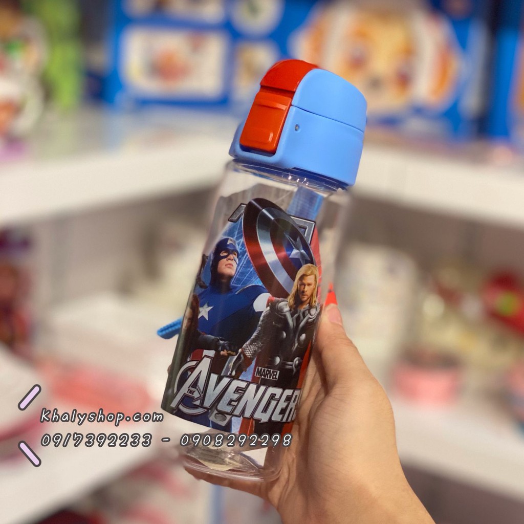 Bình nước nút bấm hình Avengers , Car , Spiderman , Doremon siêu hot cho trẻ em, bé trai (350ml) - (6x6x18cm)