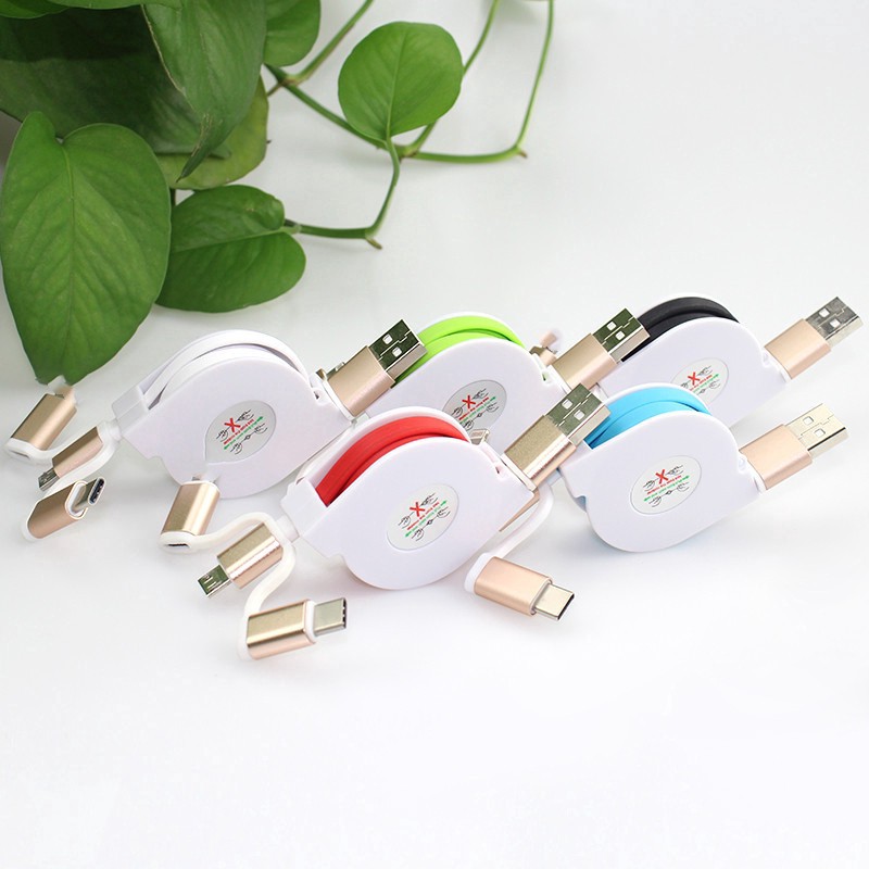 1M Retractable Fast charging Cable - 3 in 1 Android Type C &amp; Micro USB &amp;For iphone Lightning Date Cable