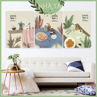 Tranh vải treo tường Coffee Time trang trí phòng ngủ decor vintage (kèm sticker dán)