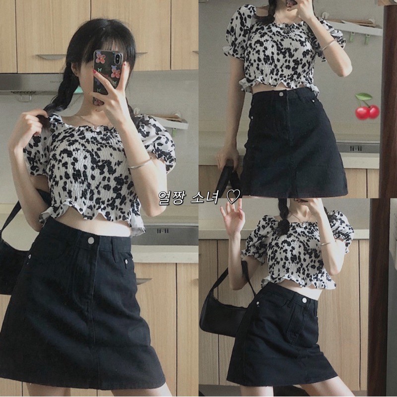 Set áo croptop bò sữa + chân váy kaki đen phong cách Ulzzang năng động