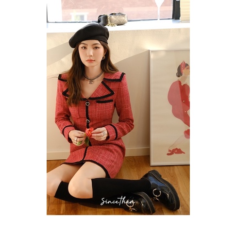 Váy vải tweed màu đỏ cao cấp