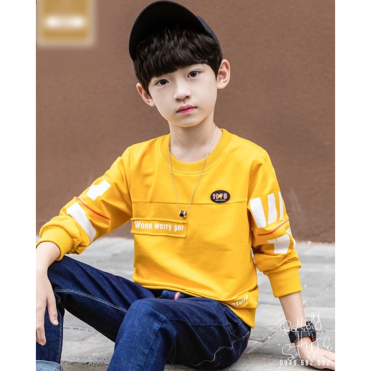 Áo thun nỉ - Áo sweater bé trai &quot;WORRY&quot; 14-45kg (4-14 tuổi). Thoải mái - ấm áp. Hàng may kỹ. B43