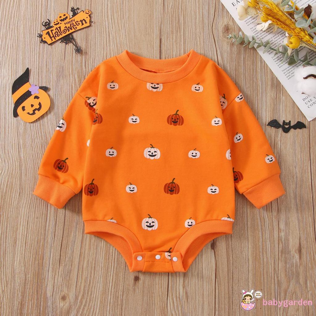 Áo Liền Quần Tay Dài Cổ Thuyền In Hình Bí Ngô Halloween Cho Bé 3-18 Tháng Tuổi