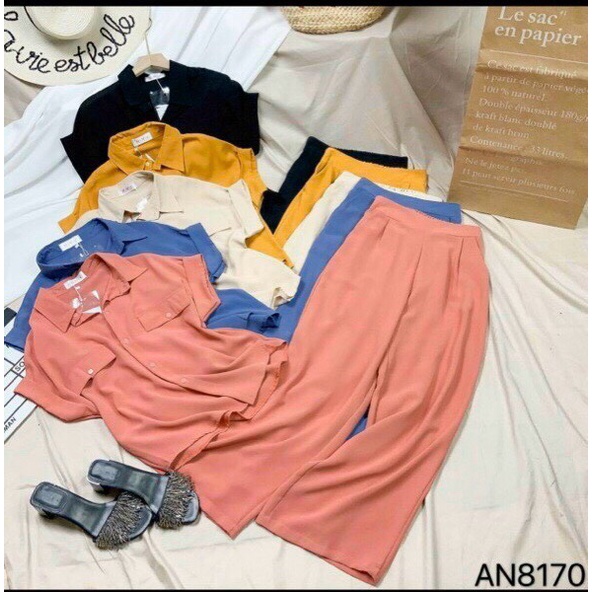 (HÀNG MỚI) SÉT ĐŨI QUẦN DÀI ỐNG RỘNG PHỐI ÁO SƠ MI NẮP TÚI TÔN DÁNG SIÊU XINH CHO CÁC CHỊ EM
