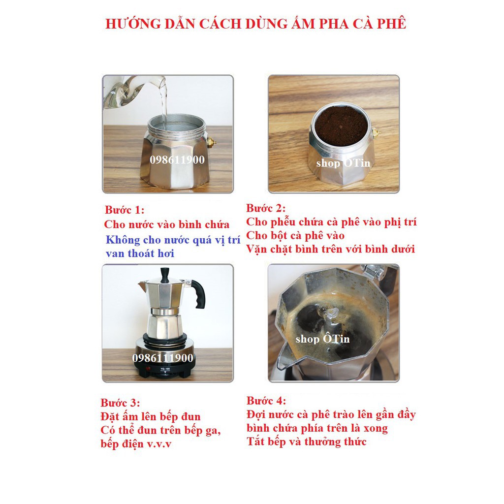 COMBO ẤM PHA CAFE KIỂU Ý 150ml 3 tách, bình pha cà phê moka pot express kèm bếp điện S.T