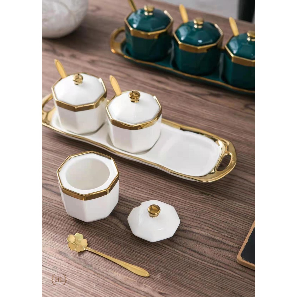 3 Hũ đựng gia vị chất liệu sứ kèm khay | HŨ ĐỰNG GIA VỊ DECOR PHONG CÁCH VINTAGE