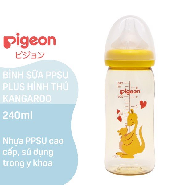 Bình sữa Pigeon cổ rộng PPSU Plus hình thú Kangaroo 160ml/240ml