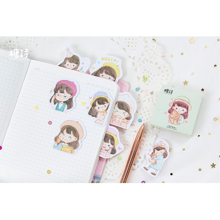 Hộp 45 miếng sticker mẫu cô bé đội nón