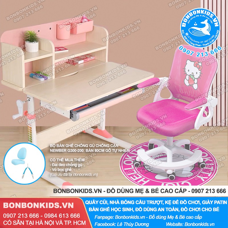 Bộ bàn ghế học sinh 80cm gỗ tự nhiên Newber G300, Ghế Hello Kitty thông minh | BigBuy360 - bigbuy360.vn