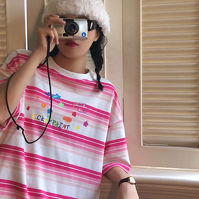 Áo Thun Nữ Ngắn Tay Họa Tiết Sọc Thêu Hình Thời Trang | BigBuy360 - bigbuy360.vn