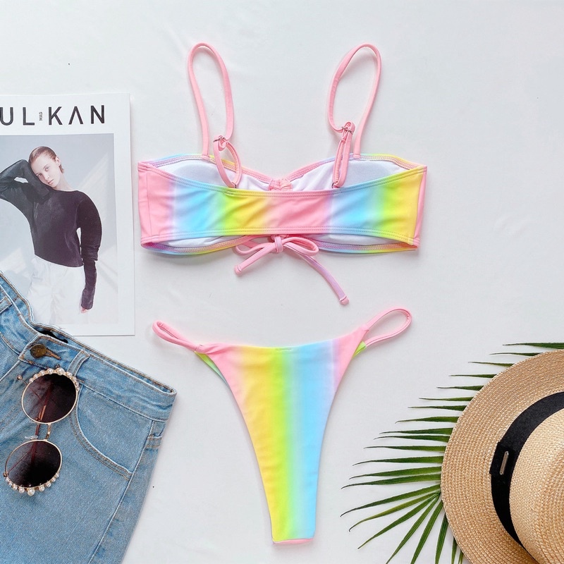 [BKN1196] &lt;ÂU&gt; SET BIKINI LOANG VÀNG HỒNG RÚT NGỰC QUẦN THONG/LỌT KHE