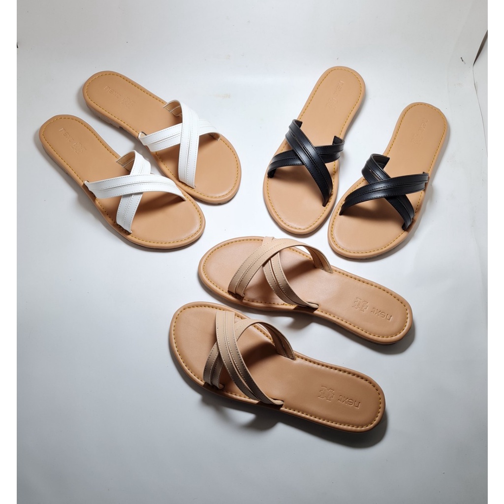 Dép chéo quai mảnh NALLDOS chất liệu da, đế thấp TPR nhẹ chống trượt 3 màu thời trang