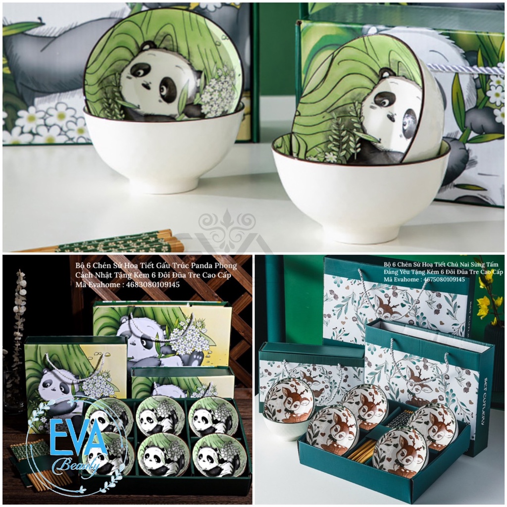 Bộ 6 Chén Sứ Hoạ Tiết Hoạt Hình Phong Cách Nhật Tặng Kèm 6 Đũa Hoa Cao Cấp