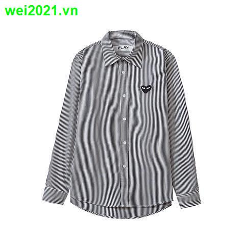 Áo sơ mi tay dài kẻ sọc thêu hình trái tim màu đen phong cách Nhật Bản thời trang cho nam