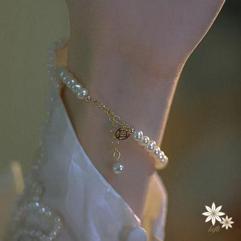 Vòng tay may mắn đính hạt ngọc trai phong cách Trung Hoa cổ điển cho nữ