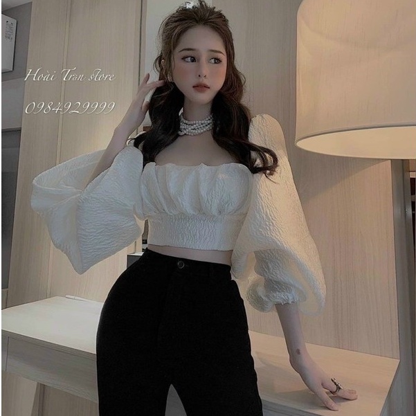 Áo XỐP kiểu cổ vuông tay phồng côt nơ sau hình thật