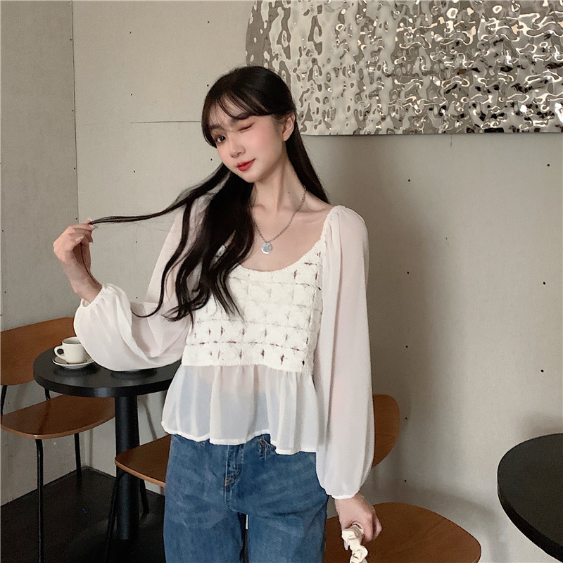 Áo kiểu SUXI phối chiffon tay ngắn phong cách Hàn Quốc thanh lịch thời trang dành cho nữ