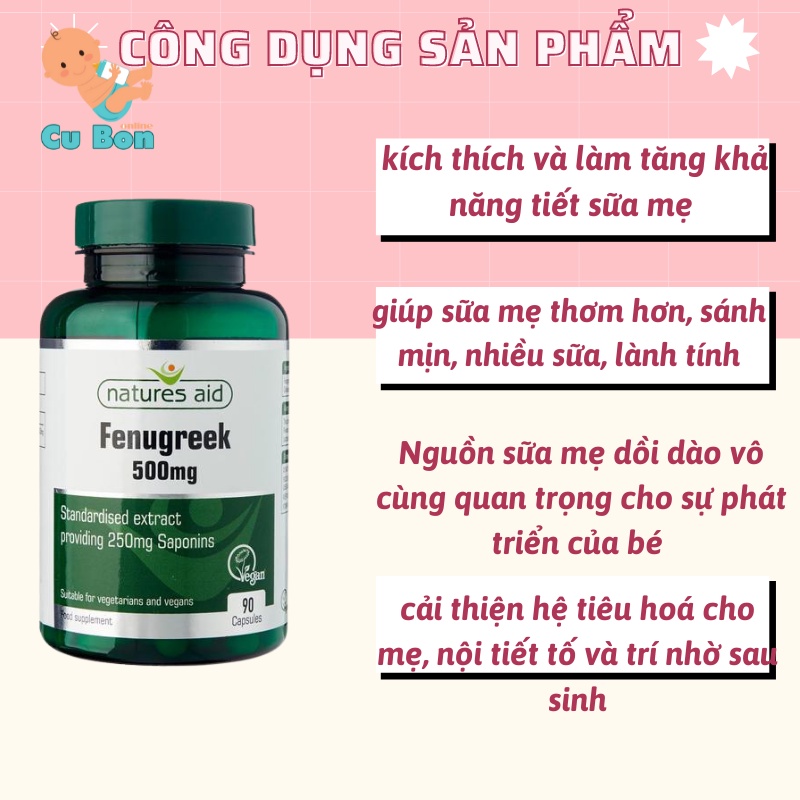 Lợi sữa cỏ cà ri Natures Aid Fenugreek hộp 90 viên của Anh Quốc kích thích và làm tăng khả năng tiết sữa cho mẹ sau sinh