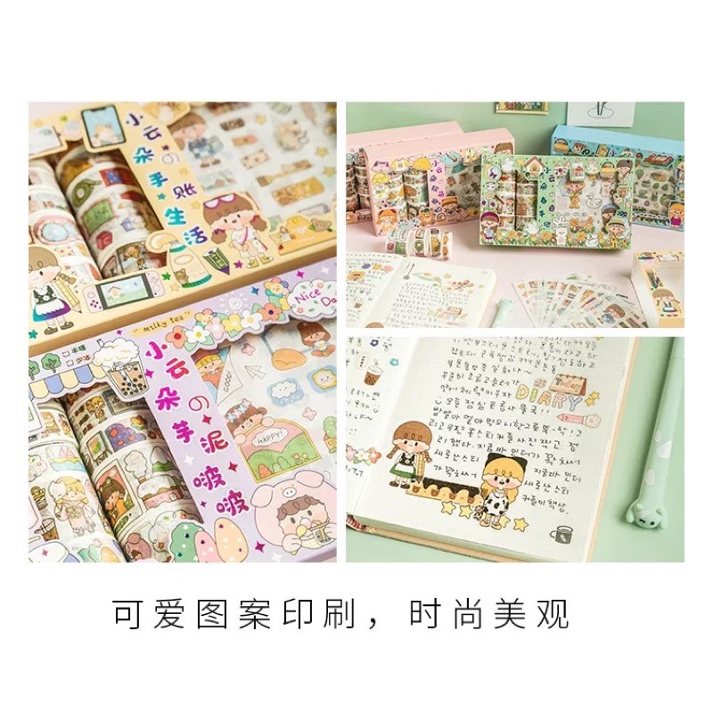 Hộp 10 cuộn washi và 10 tấm sticker dán trang trí