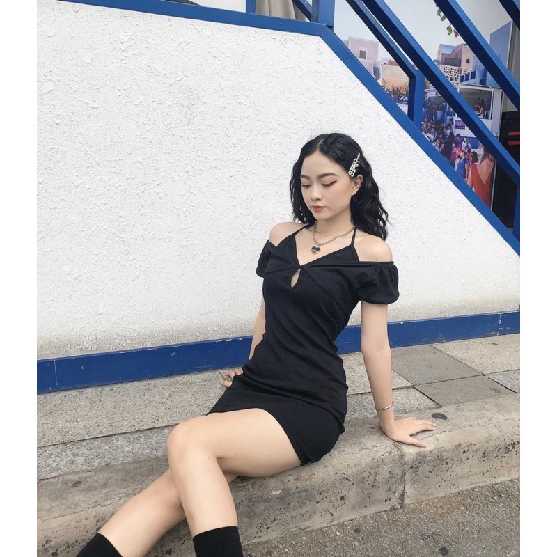 [Mã SKAMA06 giảm 8% tối đa 50K đơn 250K] Đầm Body Thun Gân Cổ Yếm Trễ Vai Kèm Bra Dán- MANDY DRESS | BigBuy360 - bigbuy360.vn