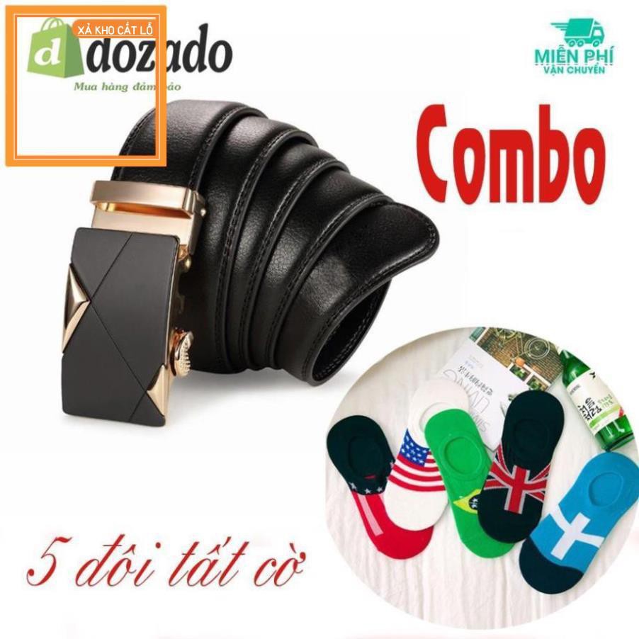 Dây lưng da nam cao cấp - Khóa tự động + 5 tất lười hình cờ Các nước