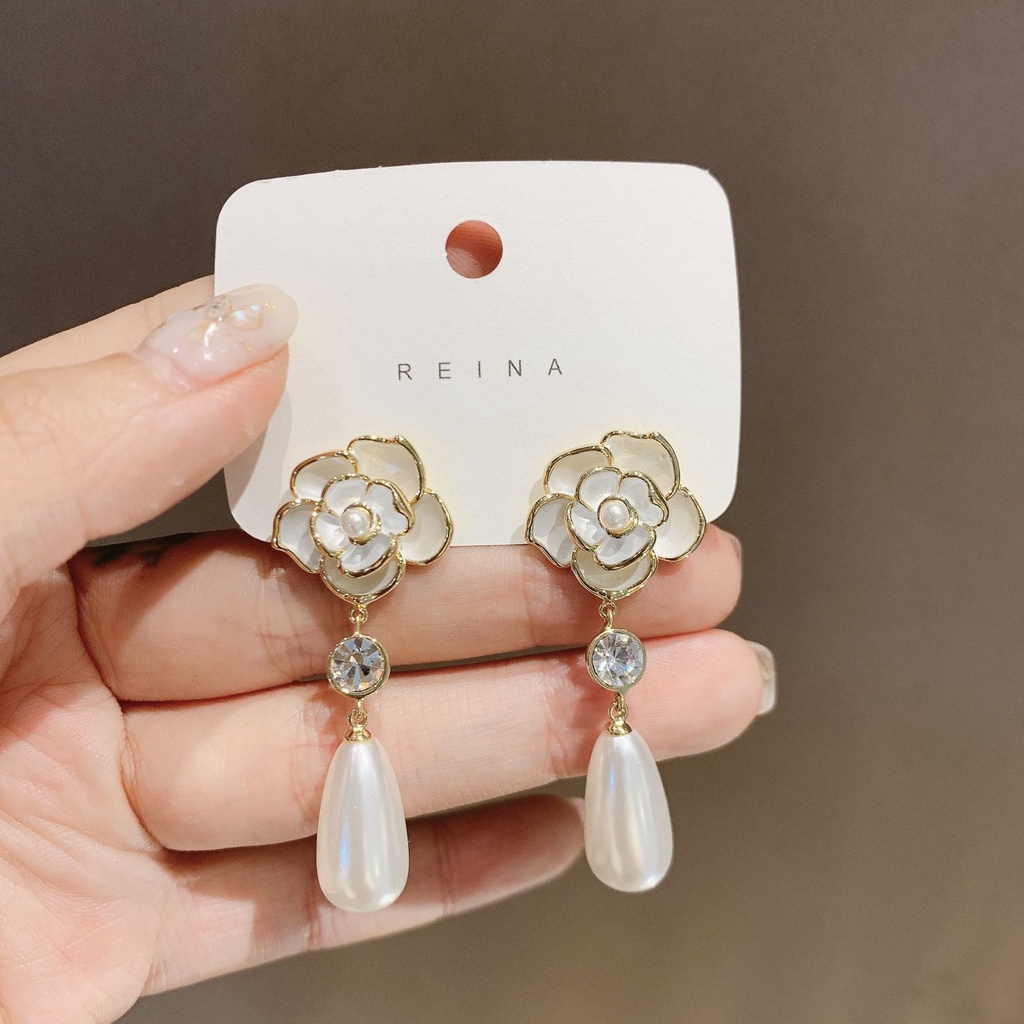 Bông Tai Mạ Bạc 925 Dáng Dài Đính Hoa Trà Và Ngọc Trai Phong Cách retro Pháp Cho Nữ