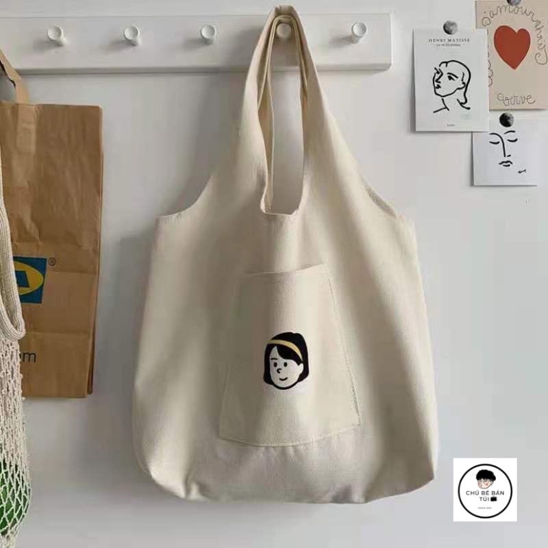 Túi tote vải canvas đeo vai cho Nữ hình Cô gái xinh xắn dễ thương phong cách Hàn Quốc, Túi tote xách tay dáng rộng