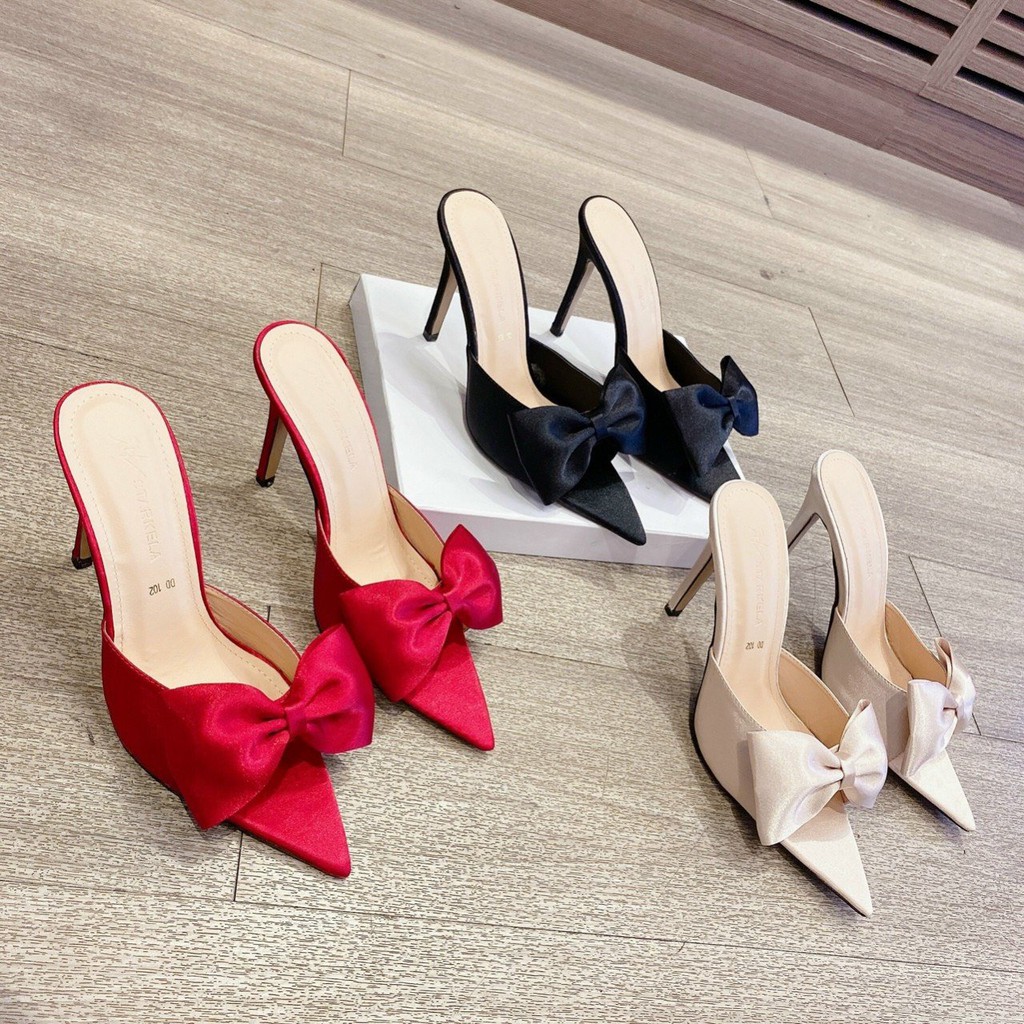 Guốc cao gót nơ thời trang mũi nhọn 9cm - T124