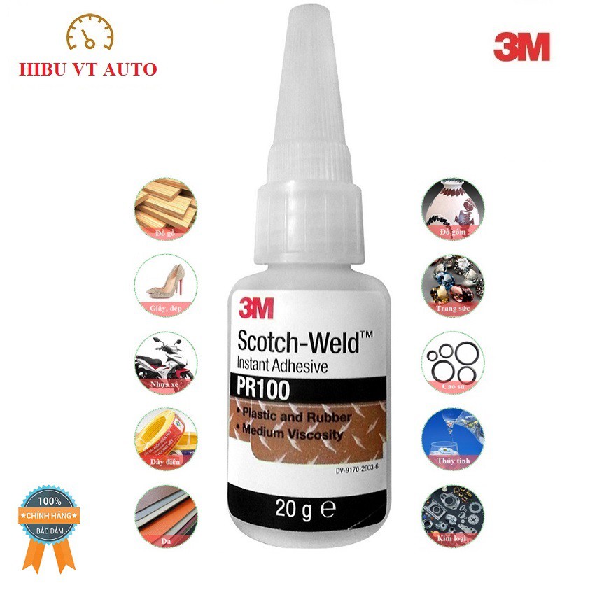 Keo Siêu Dính 3M PR100 Scotch-Weld Plastic &amp; Rubber Instant Adhesive 20g là keo loãng dễ sử dụng dùng dán nhựa, cao su..