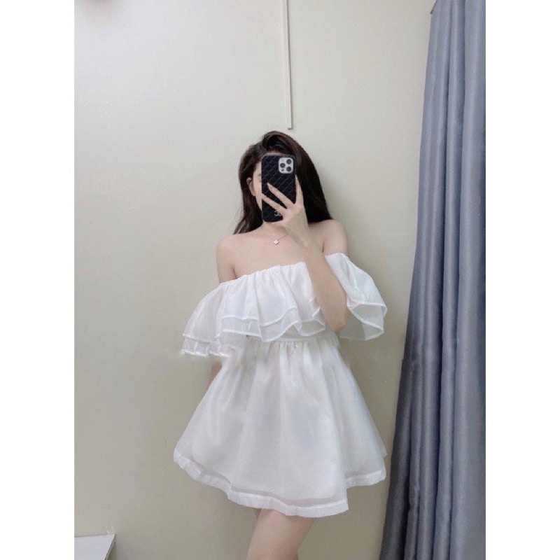 Đầm Bánh Bèo Trễ Vai Phồng Chất Tơ Óng Mẫu Mới, Trễ Vai Bánh Bèo 2 Tầng Bèo Tiểu Thư Chan House