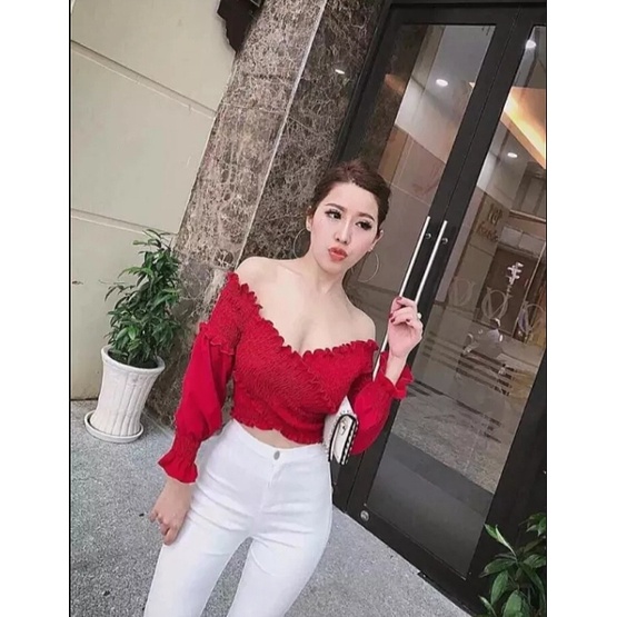 ÁO NỮ CROPTOP NHÚN ĐẮP CHÉO TAY DÀI