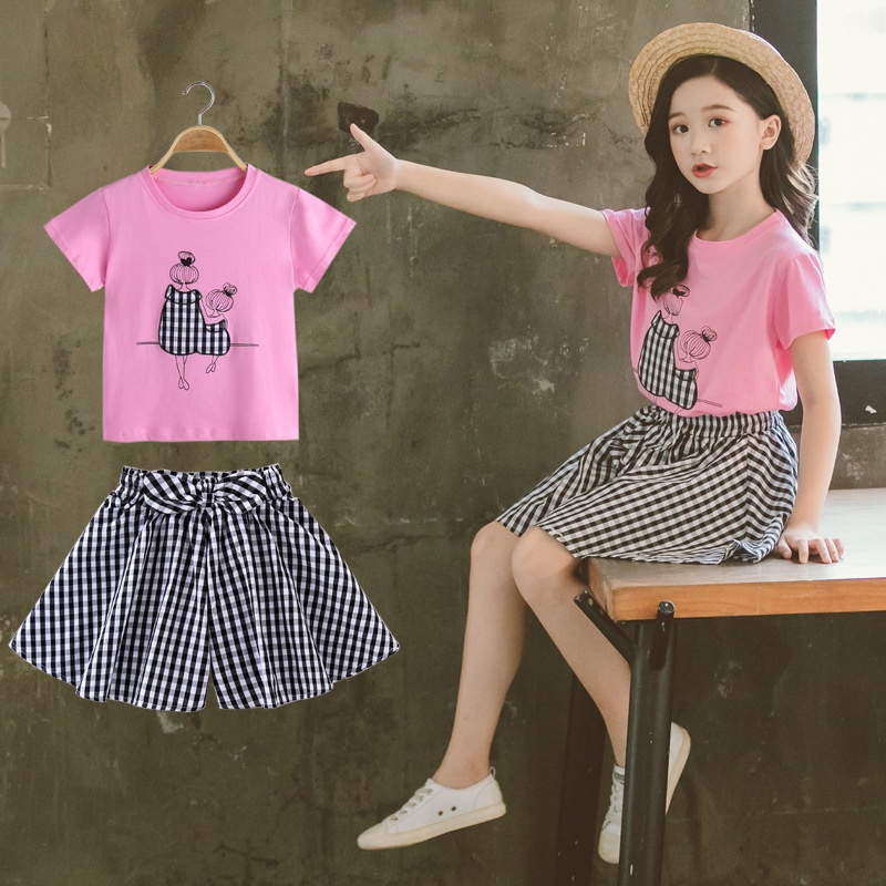 Set Áo Thun Tay Ngắn &amp; Quần Short Caro Phong Cách Hàn Quốc Cho Bé Gái 3-14 Tuổi