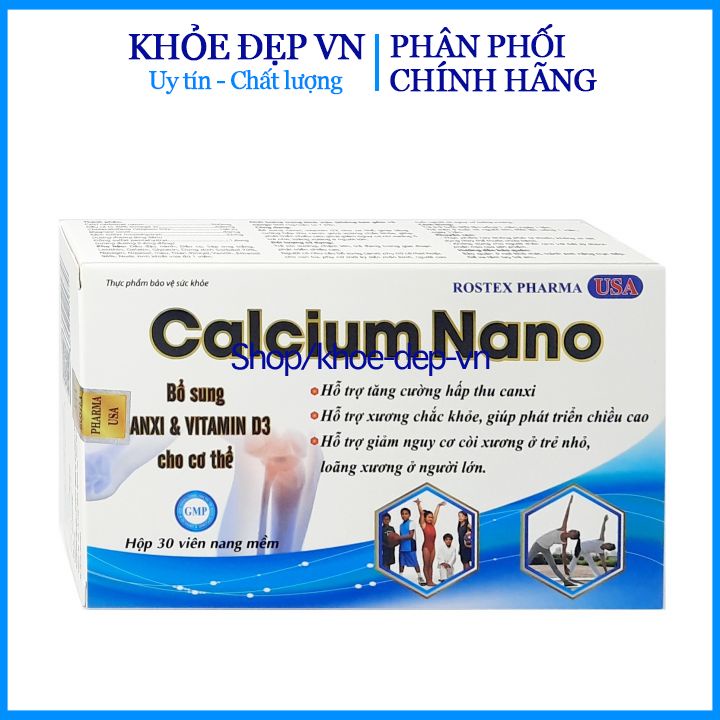 Viên uống Calcium nano Vitamin D3 Rostex pharma USA giúp tăng cường hấp thu canxi, giúp xương chắc khỏe- Hộp 30 viên