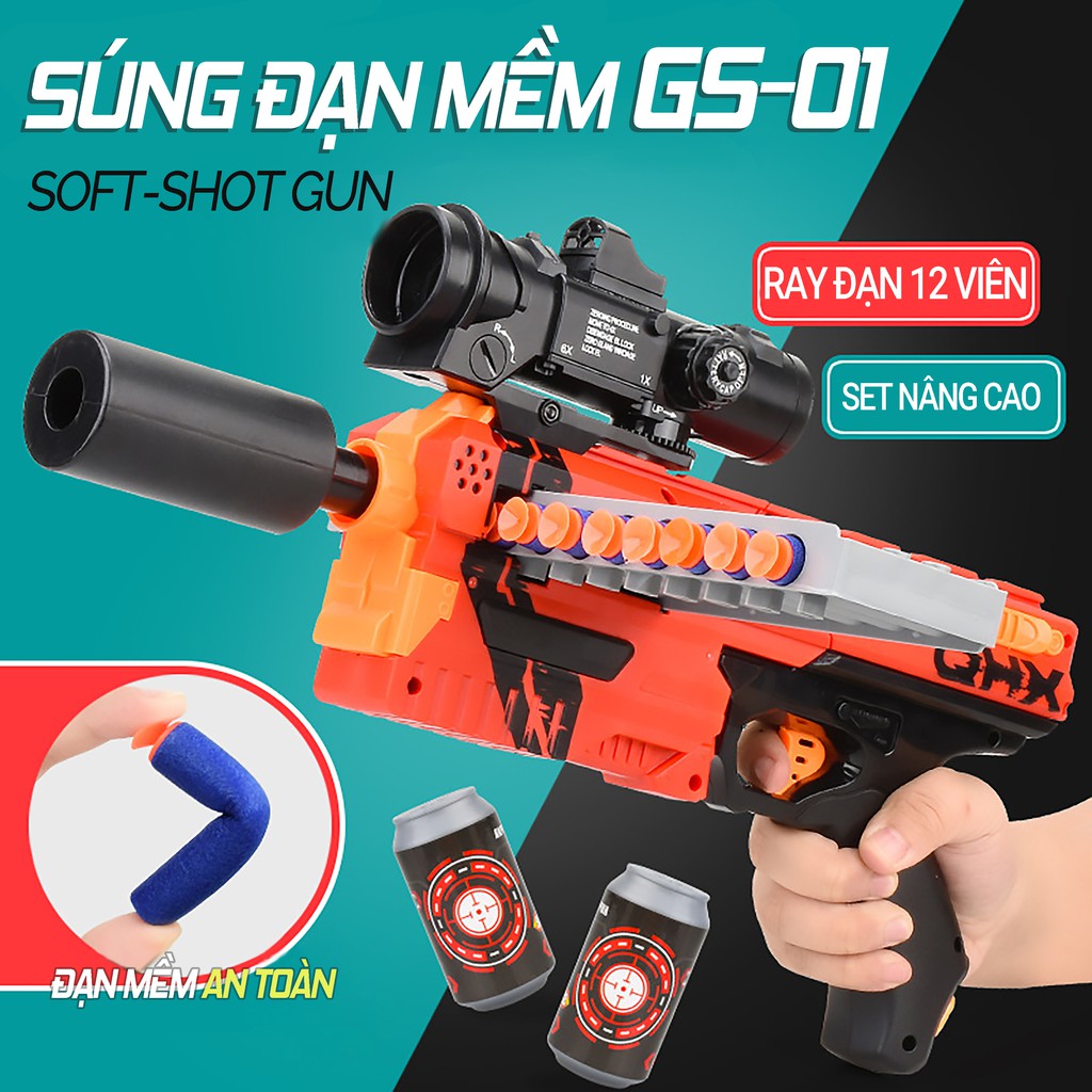 Đồ Chơi NERF Vận Động Ngoài Trời Cao Cấp Cho Bé, Set Nâng Cao Có Giảm Thanh Và Kính Ngắm GS-01