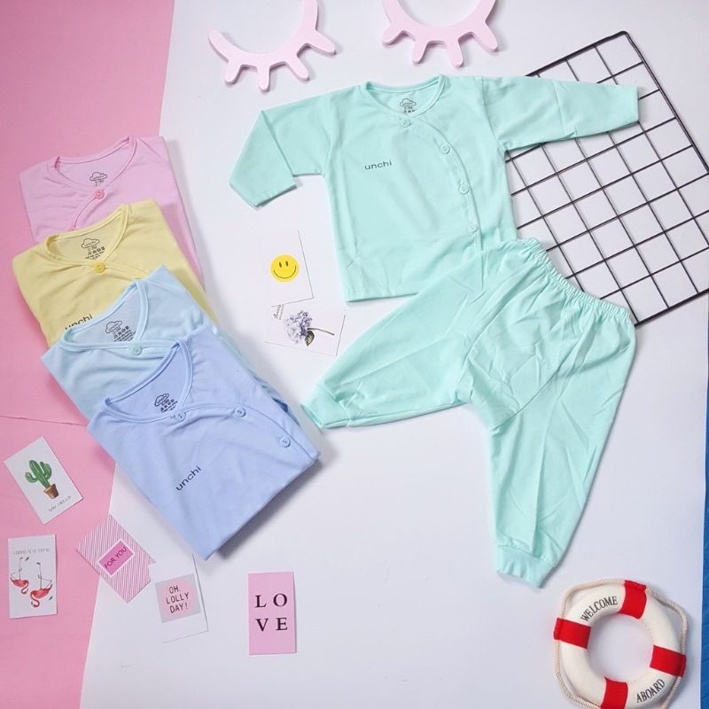 Bộ Quần Áo Dài Sơ Sinh Leelee Kid Cúc Lệch, Vải Cotton Màu Trơn